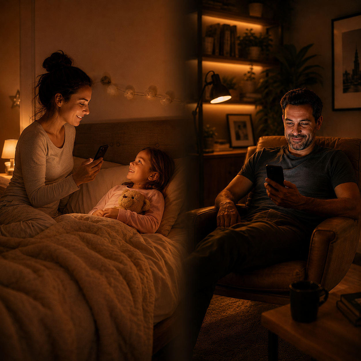 Mãe sentada na cama lendo uma história no celular para sua filha, em um quarto aconchegante iluminado por luz quente